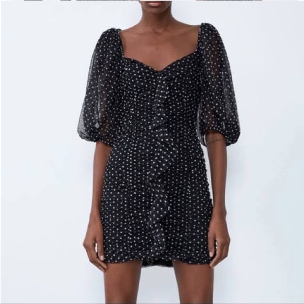 Zara Tulle Polka Dot Puff Sleeve Dress, Size Small